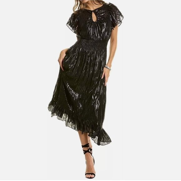 NWT Rebecca Taylor Silk Short Sleeve Safari Dress Black and Metallic Size 2 - Picture 1 of 13